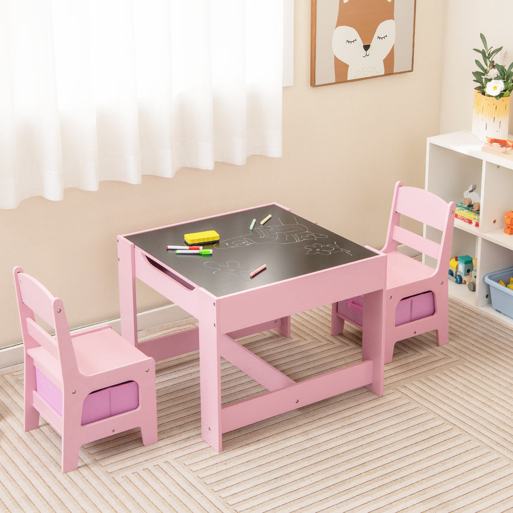 Kids Table and Chairs Set with Storage, Blackboard, Whiteboard & Pink Variation