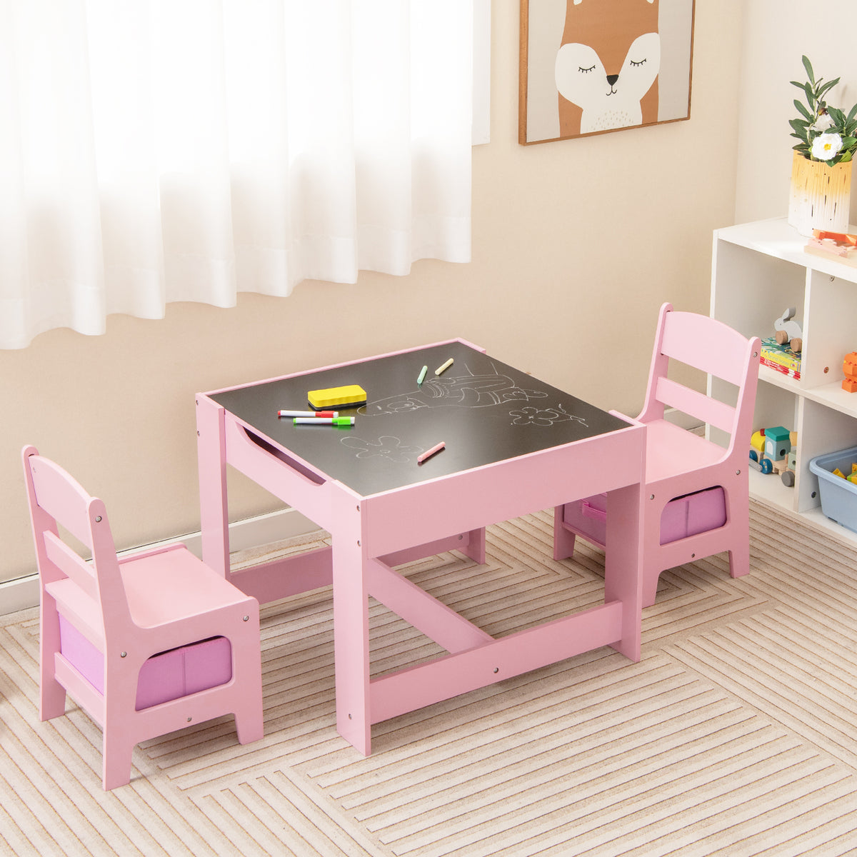 Kids Table and Chairs Set with Storage, Blackboard, Whiteboard & Pink Variation