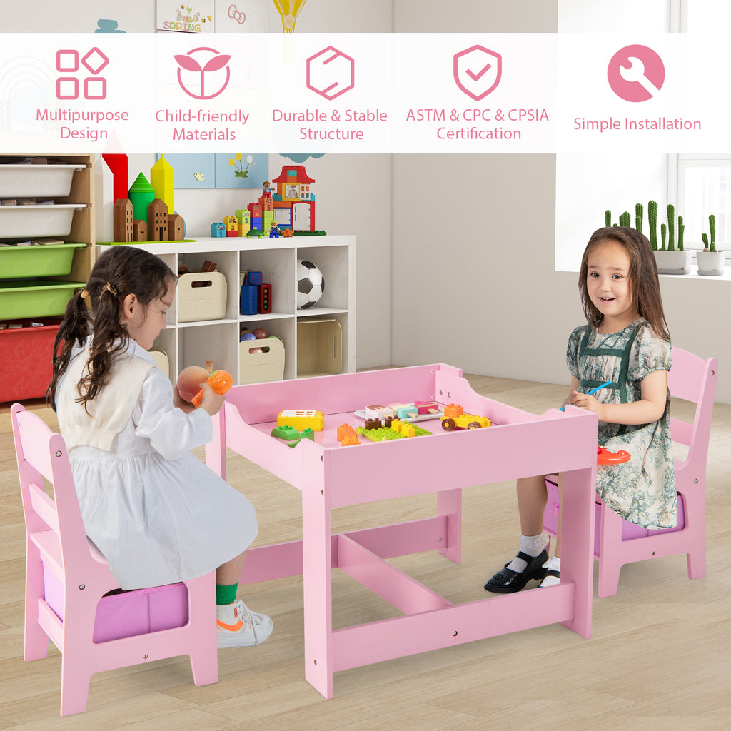 Kids Table and Chairs Set with Storage, Blackboard, Whiteboard & Pink Variation