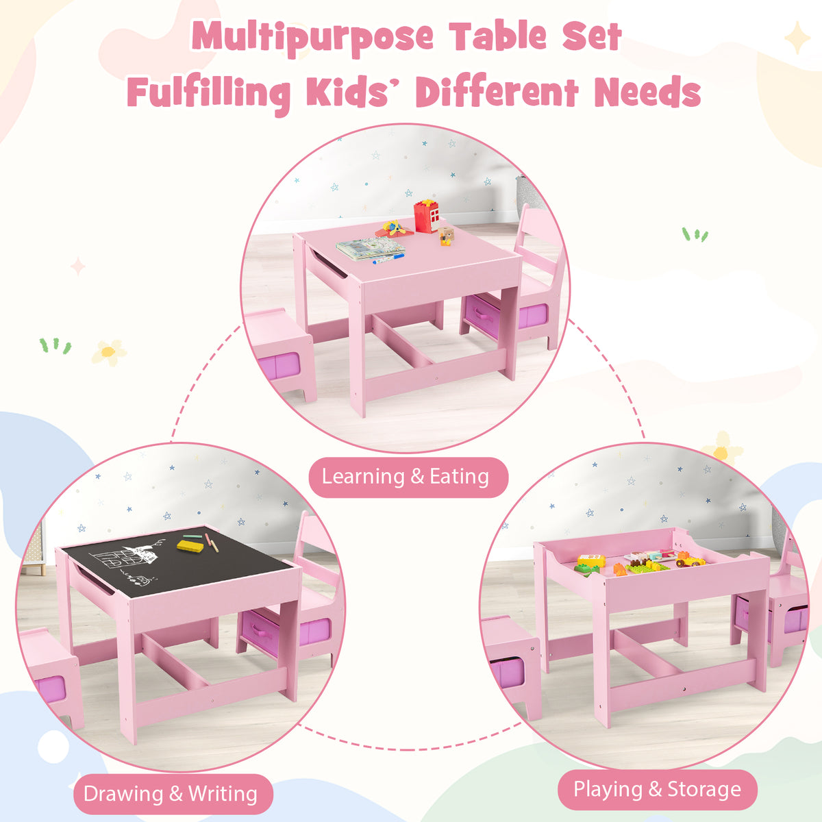 Kids Table and Chairs Set with Storage, Blackboard, Whiteboard & Pink Variation