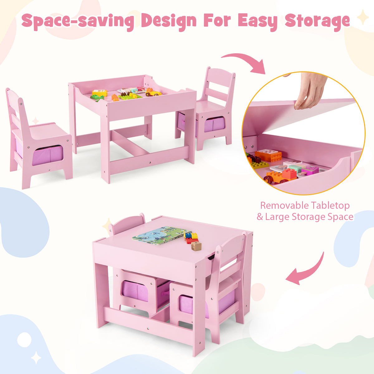 Kids Table and Chairs Set with Storage, Blackboard, Whiteboard & Pink Variation