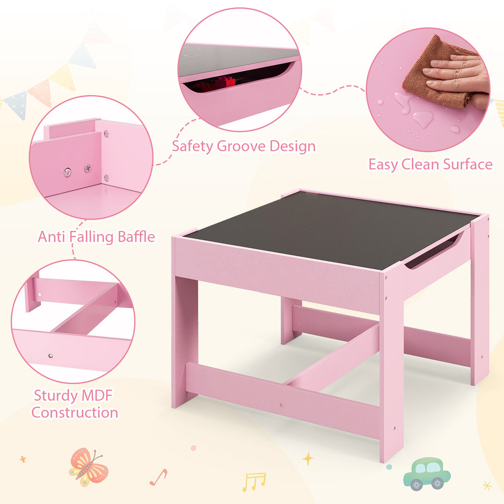Kids Table and Chairs Set with Storage, Blackboard, Whiteboard & Pink Variation