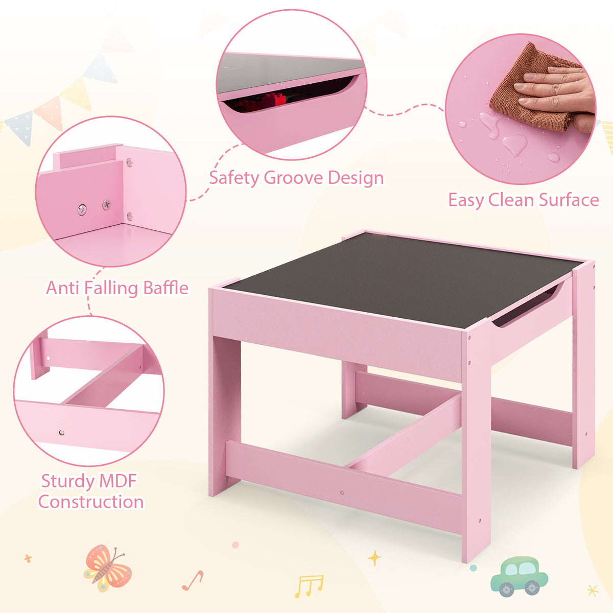 Kids Table and Chairs Set with Storage, Blackboard, Whiteboard & Pink Variation