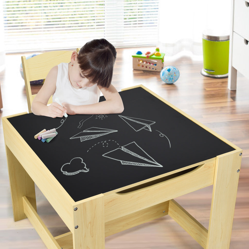 Kids Table and Chair Set with Storage Boxes & Blackboard - Natural Variation