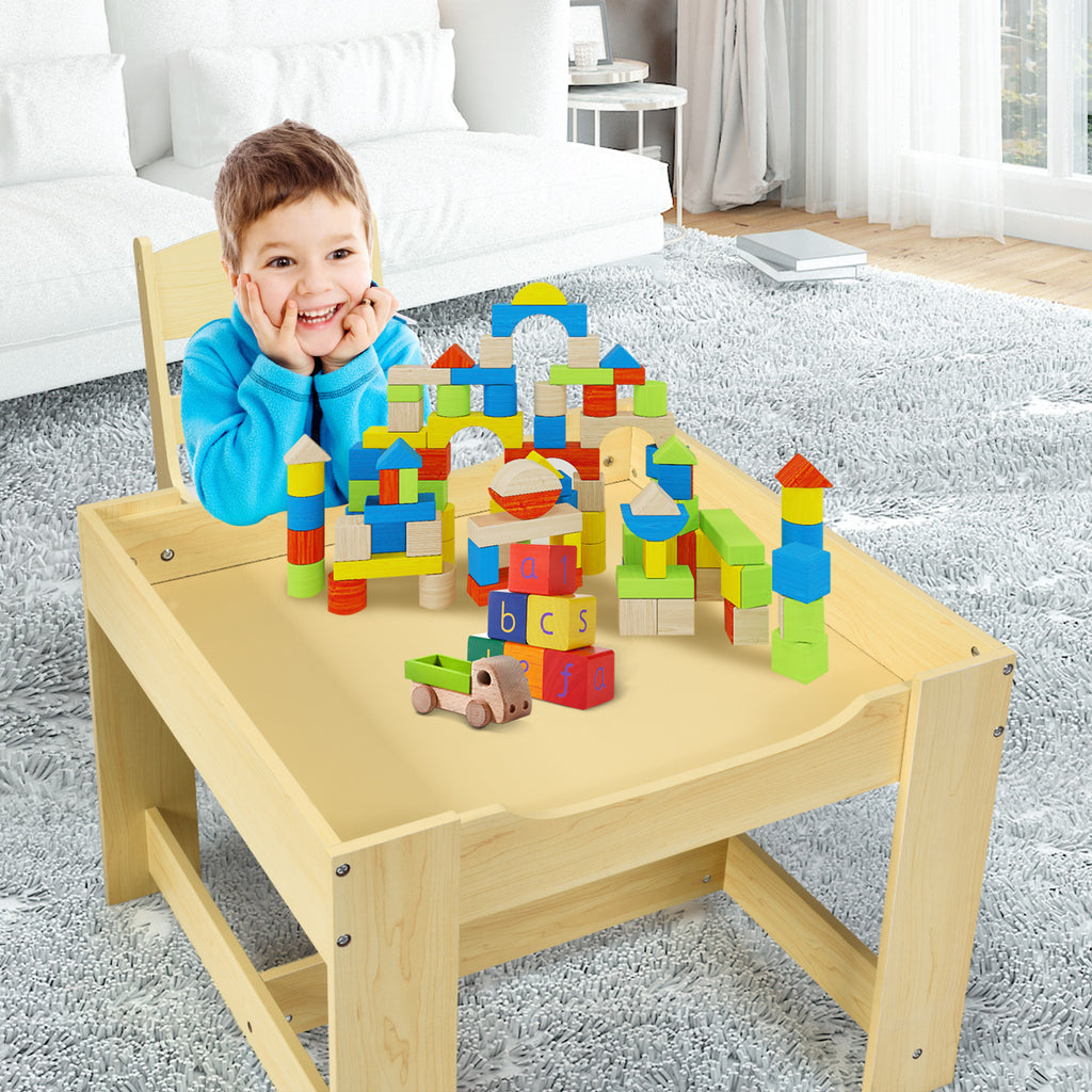 Kids Table and Chair Set with Storage Boxes & Blackboard - Natural Variation