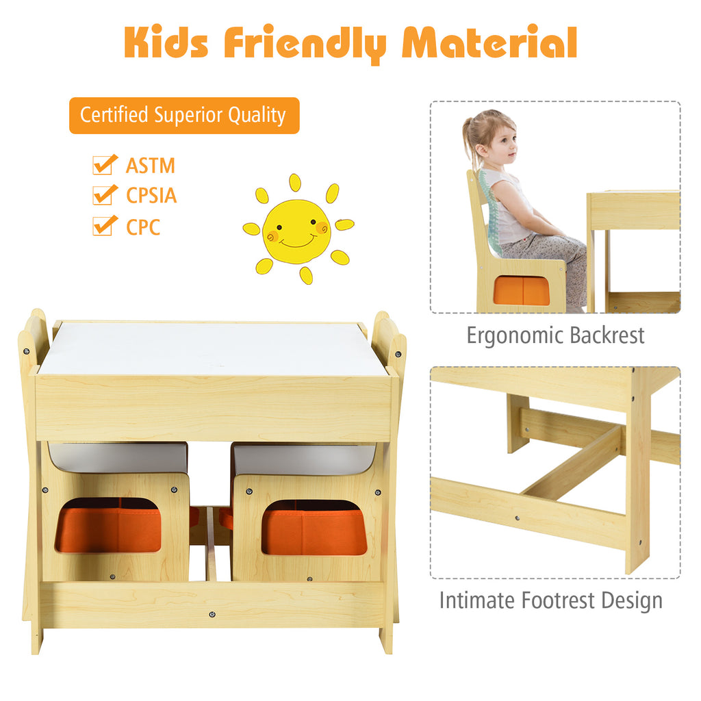 Kids Table and Chair Set with Storage Boxes & Blackboard - Natural Variation