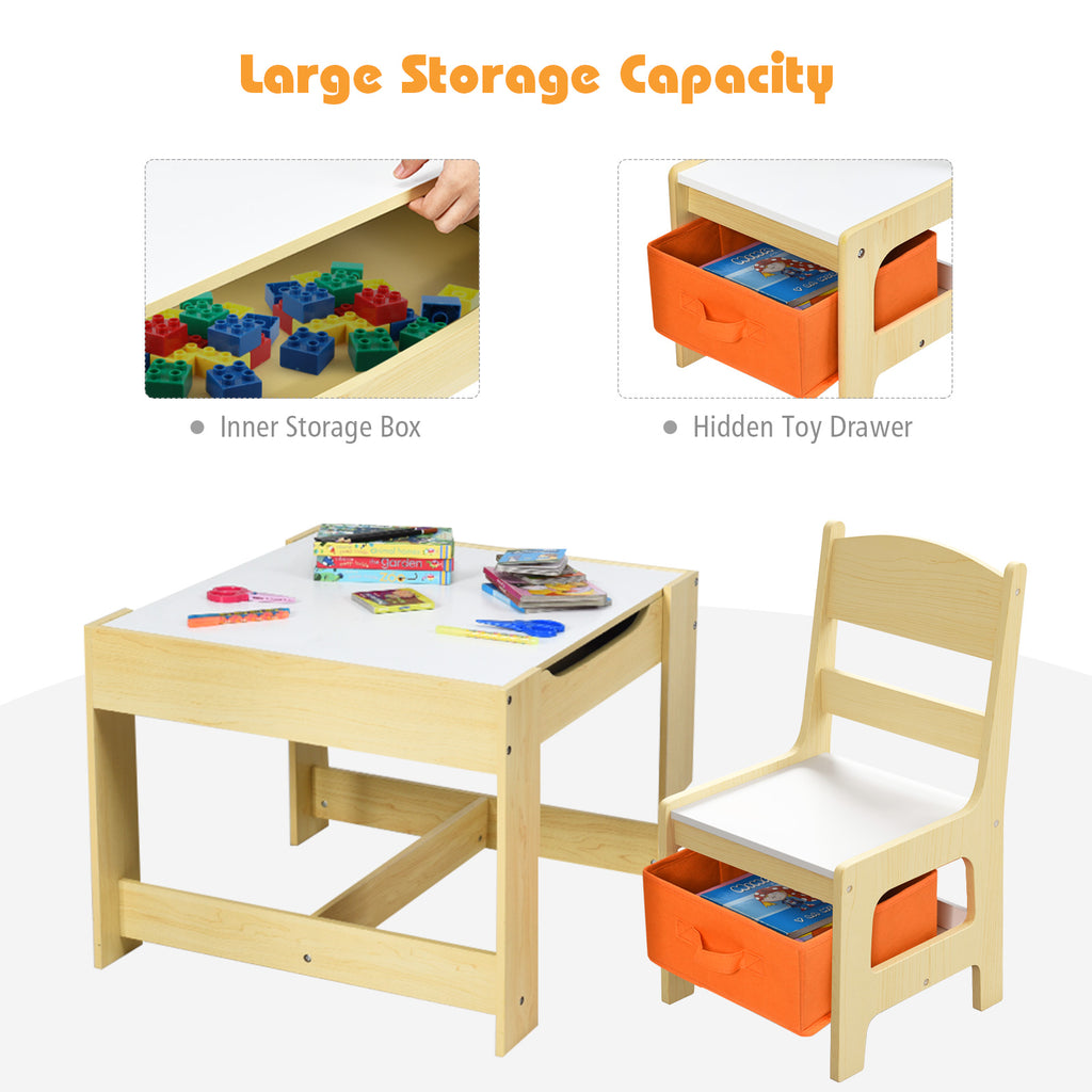 Kids Table and Chair Set with Storage Boxes & Blackboard - Natural Variation
