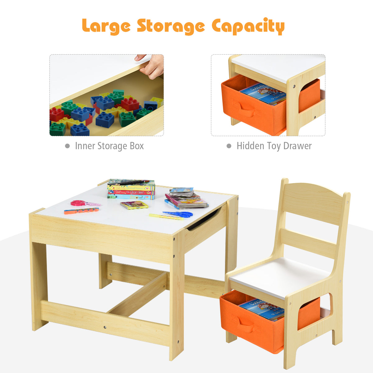 Kids Table and Chair Set with Storage Boxes & Blackboard - Natural Variation