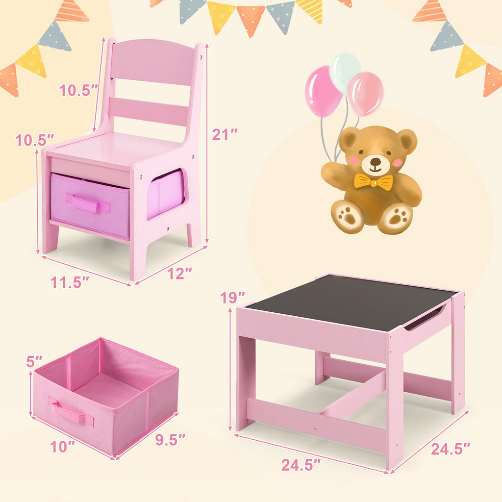 Kids Table and Chairs Set with Storage, Blackboard, Whiteboard & Pink Variation