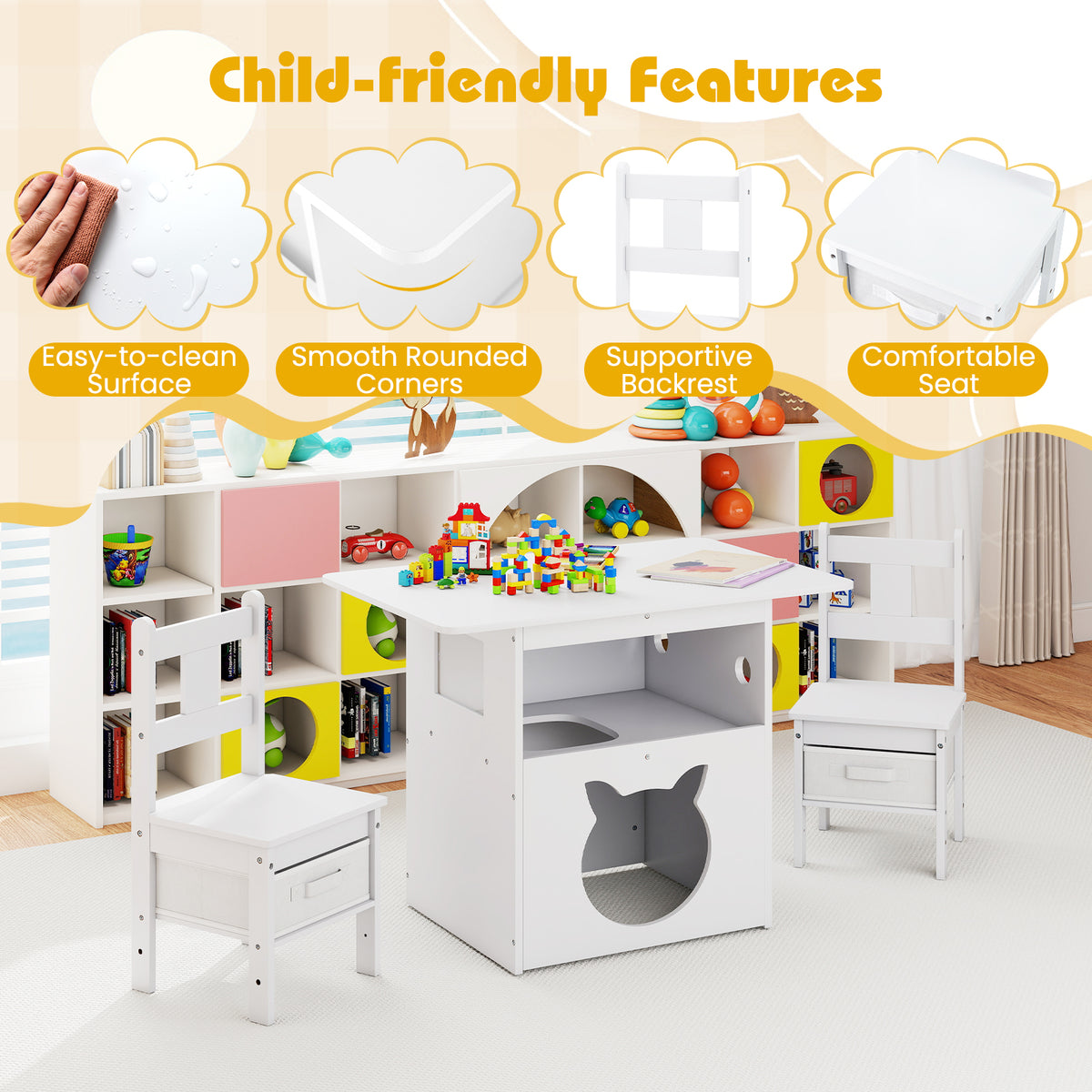 Kids Wooden Table and Chairs Set with Cat House - White, 3 Pieces