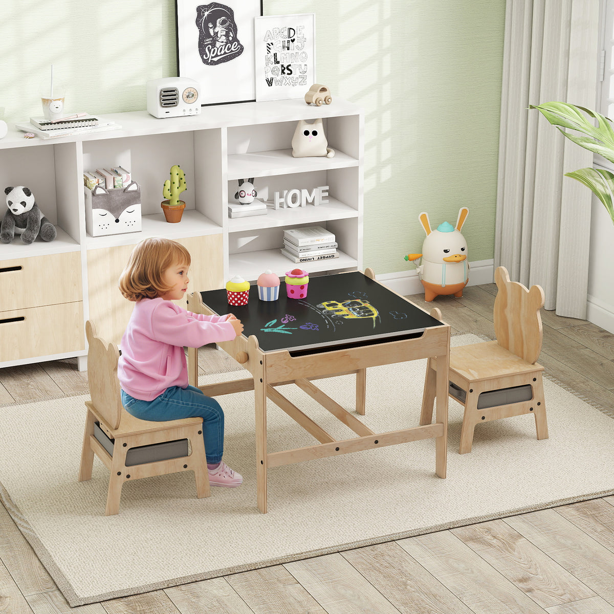 Kids Table and Chairs Set with Reversible Whiteboard - Panda/Robot Shape, B
