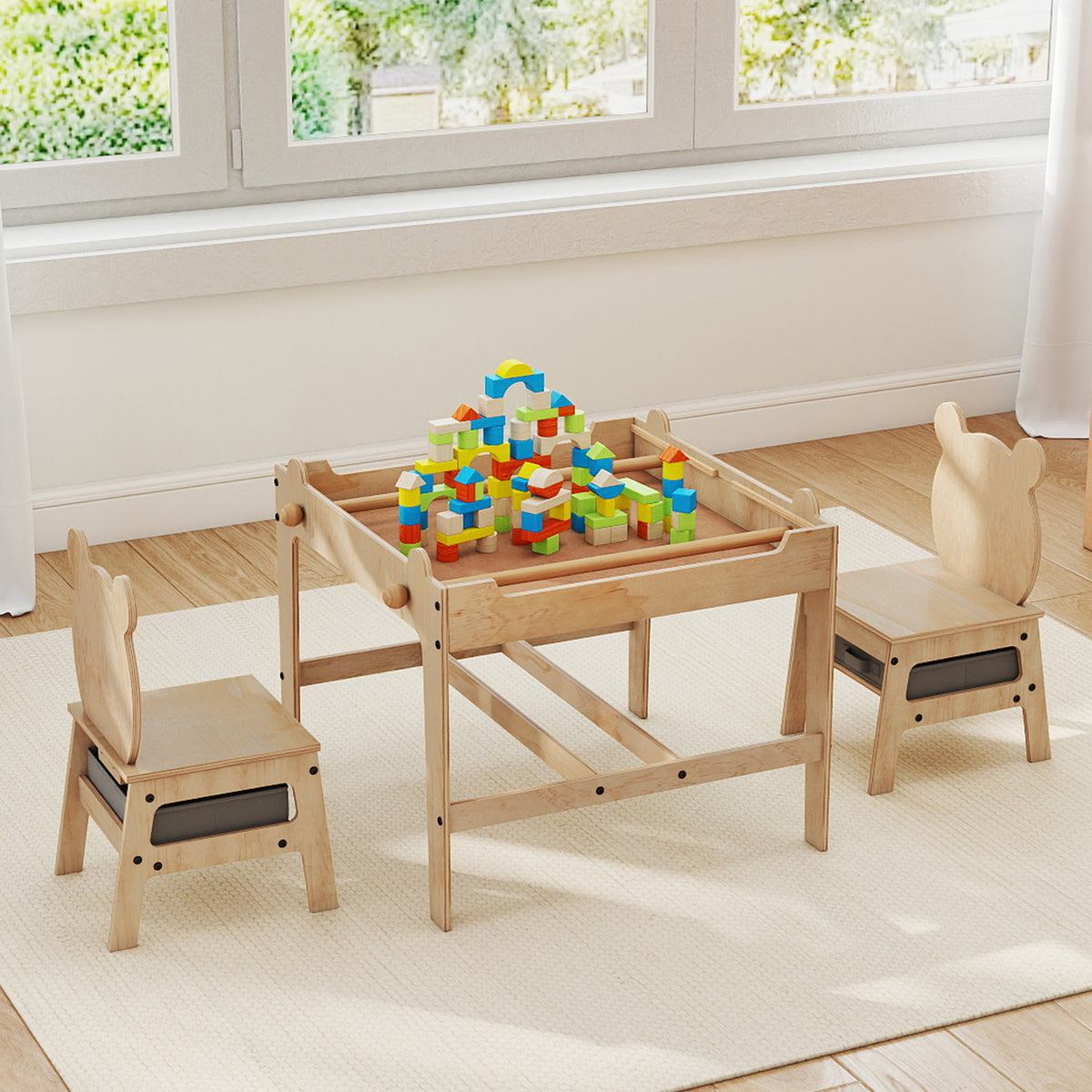 Kids Table and Chairs Set with Reversible Whiteboard - Panda/Robot Shape, B