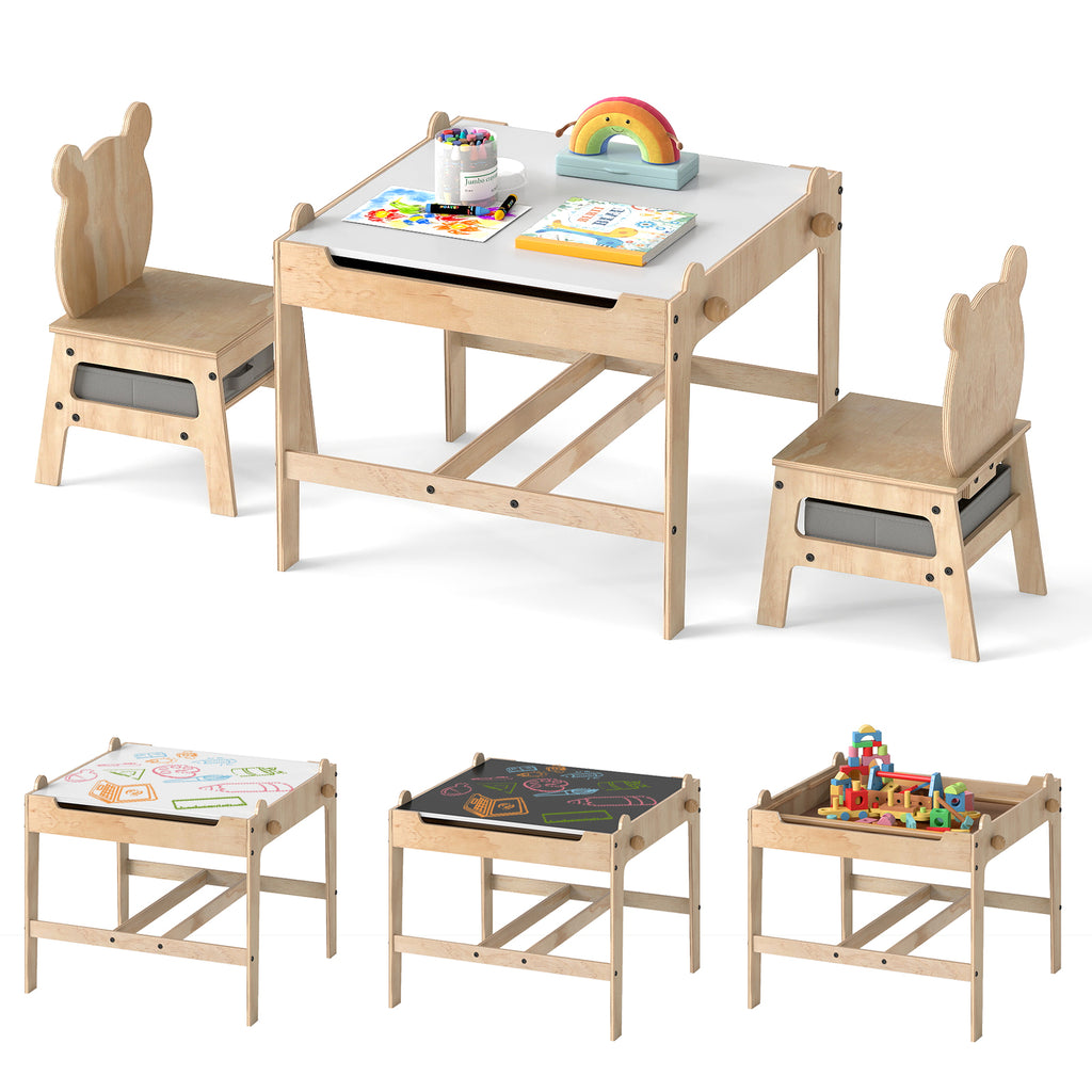 Kids Table and Chairs Set with Reversible Whiteboard - Panda/Robot Shape, B