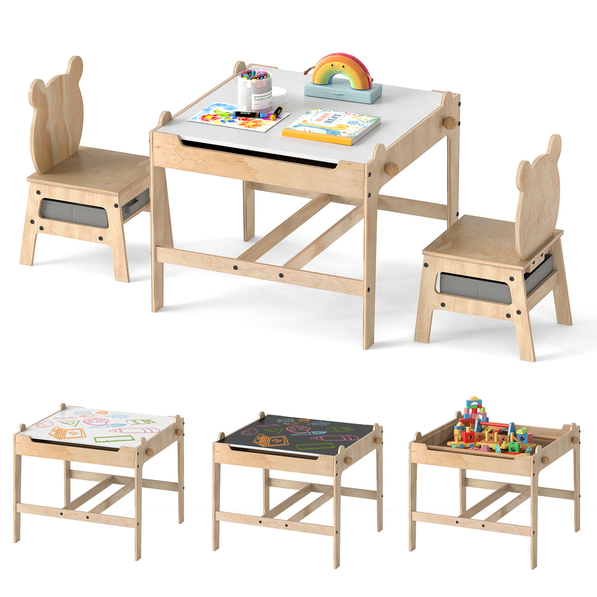 Kids Table and Chairs Set with Reversible Whiteboard - Panda/Robot Shape, B