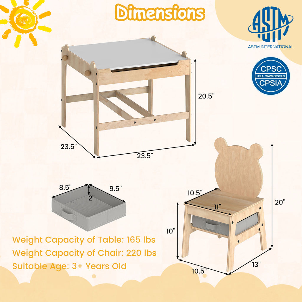 Kids Table and Chairs Set with Reversible Whiteboard - Panda/Robot Shape, B