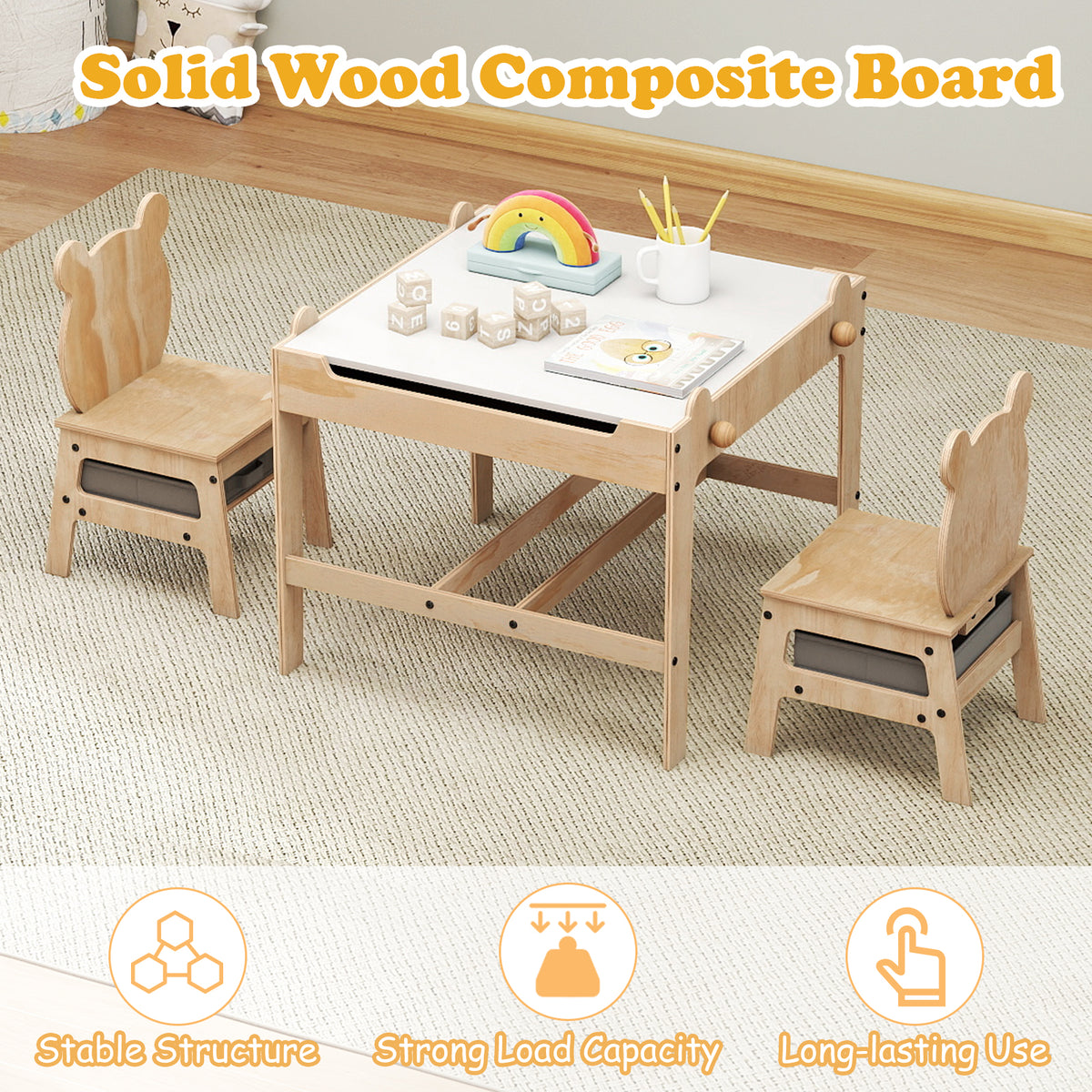 Kids Table and Chairs Set with Reversible Whiteboard - Panda/Robot Shape, B