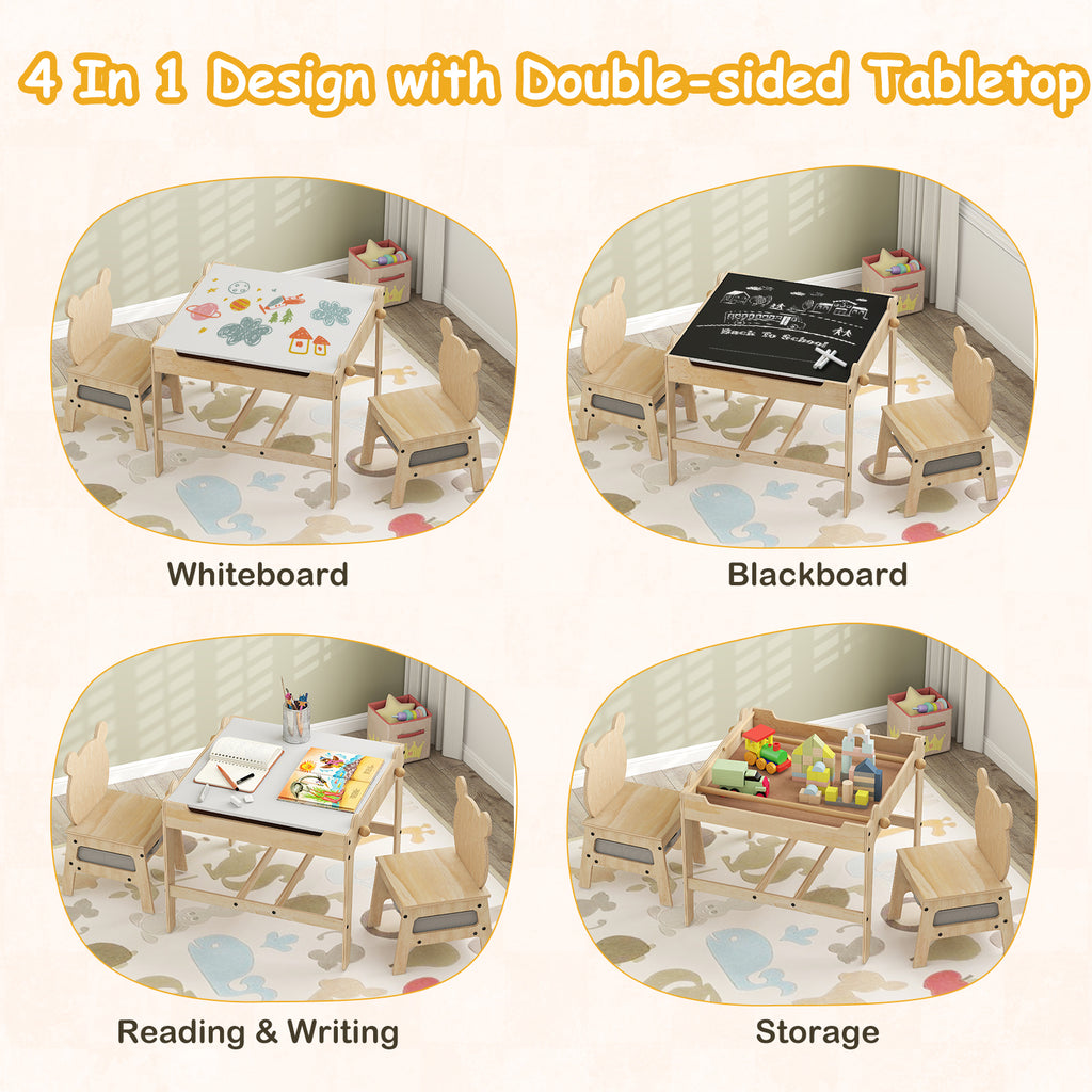 Kids Table and Chairs Set with Reversible Whiteboard - Panda/Robot Shape, B