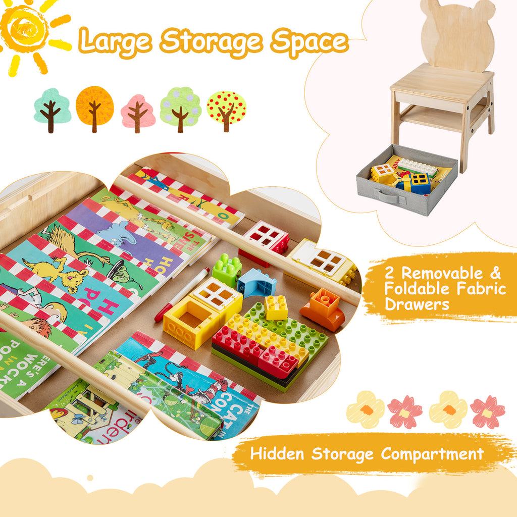 Kids Table and Chairs Set with Reversible Whiteboard - Panda/Robot Shape, B