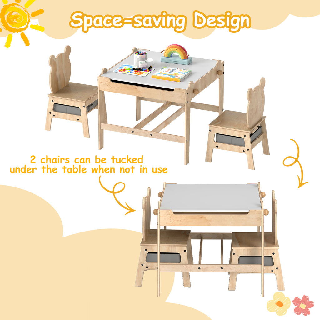 Kids Table and Chairs Set with Reversible Whiteboard - Panda/Robot Shape, B