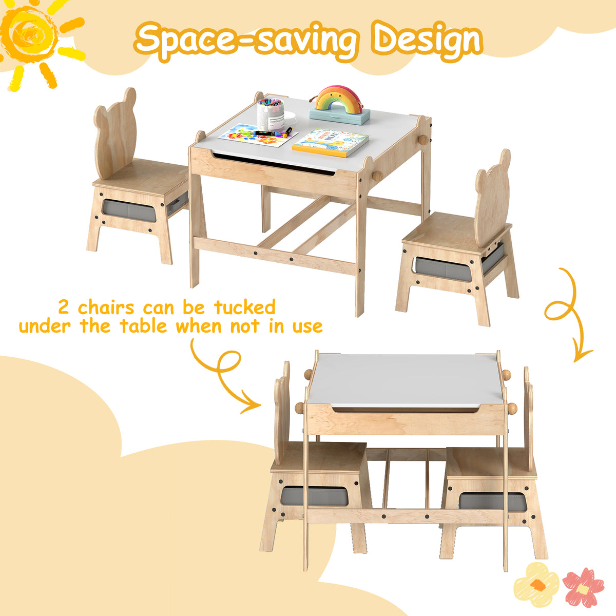 Kids Table and Chairs Set with Reversible Whiteboard - Panda/Robot Shape, B