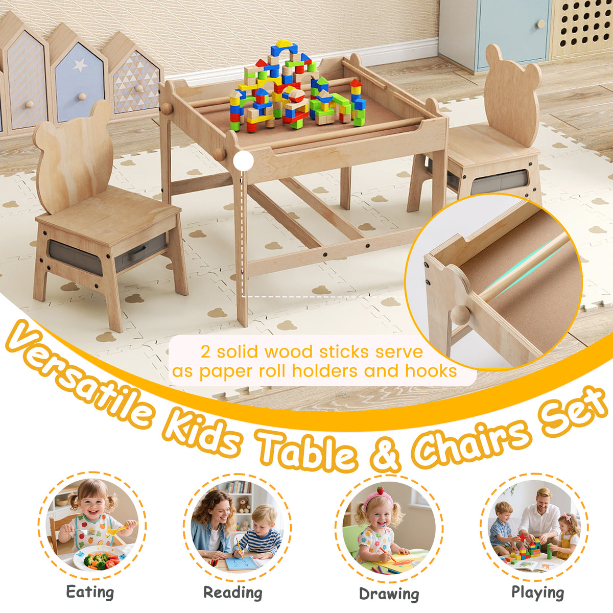 Kids Table and Chairs Set with Reversible Whiteboard - Panda/Robot Shape, B