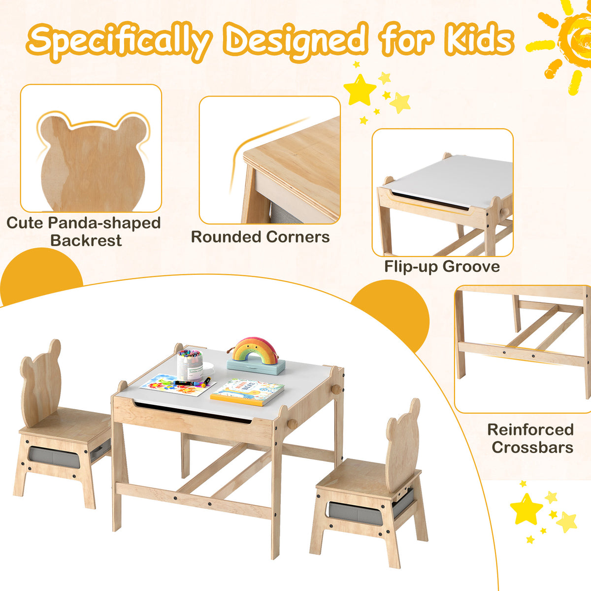 Kids Table and Chairs Set with Reversible Whiteboard - Panda/Robot Shape, B