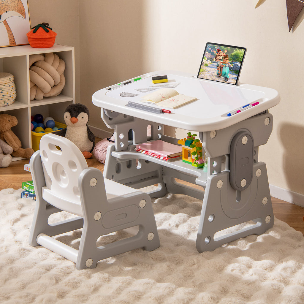 Height Adjustable Kids Table & Chair Set with Tiltable Whiteboard - Gray, HDPE Variation