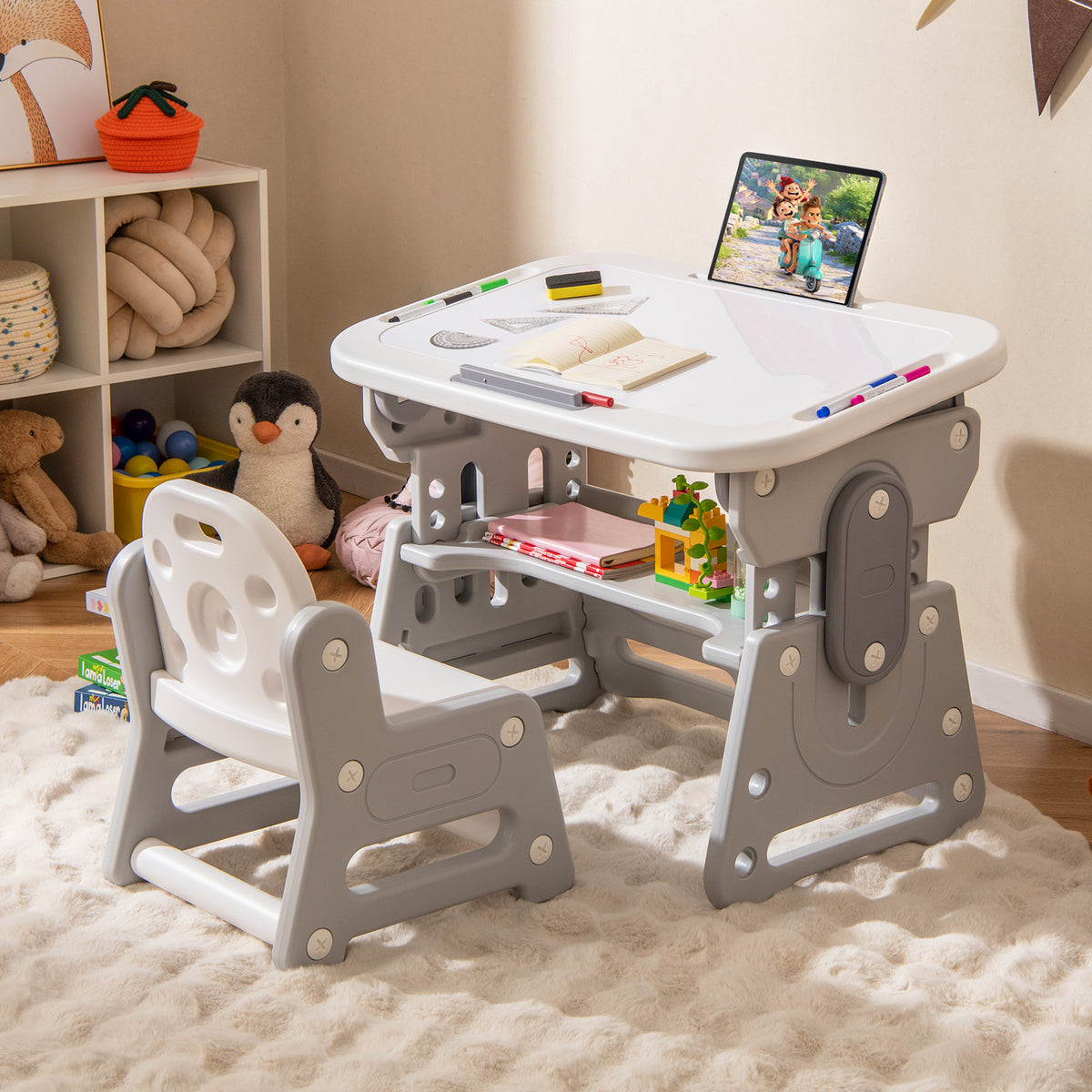 Height Adjustable Kids Table & Chair Set with Tiltable Whiteboard - Gray, HDPE Variation
