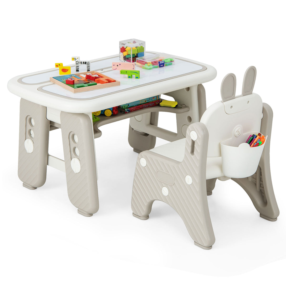 Kids Table and Chair Set with Flip-Top Bookshelf - Gray, Adjustable & Safe