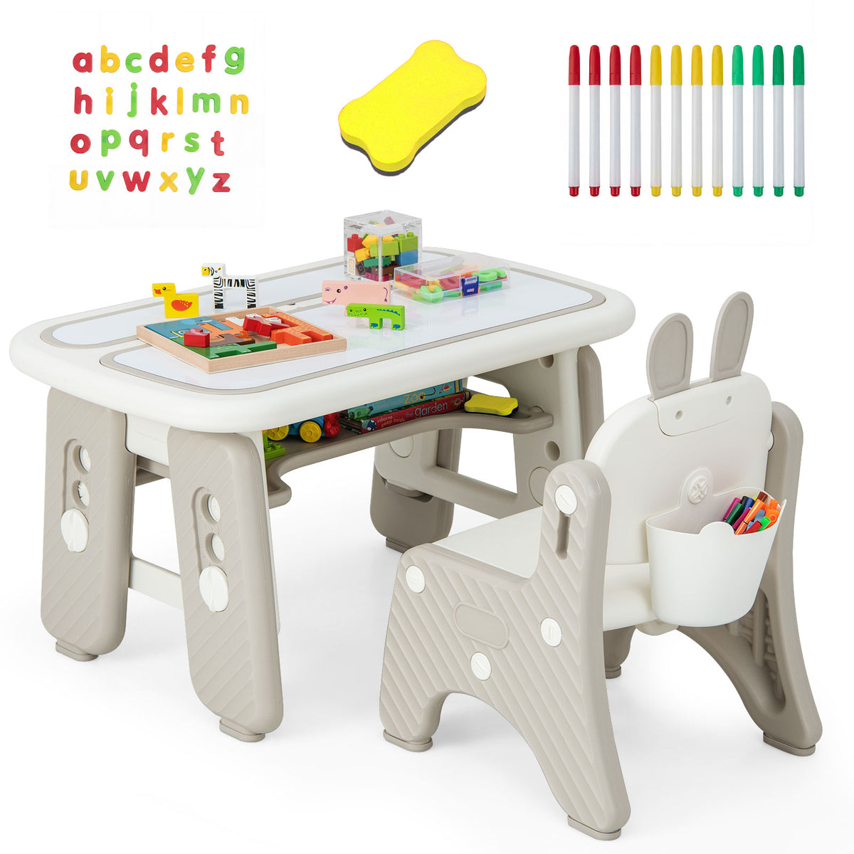 Kids Table and Chair Set with Flip-Top Bookshelf - Gray, Adjustable & Safe