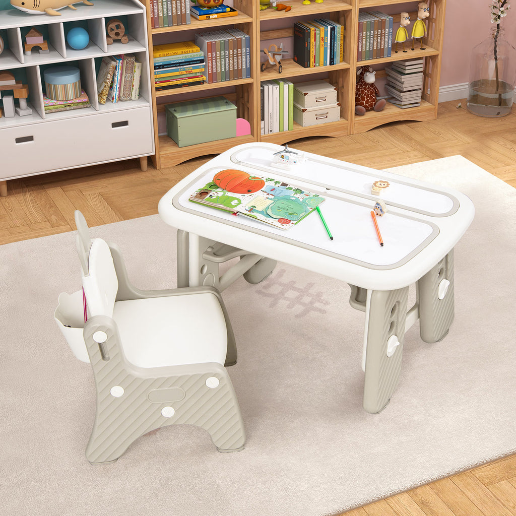 Kids Table and Chair Set with Flip-Top Bookshelf - Gray, Adjustable & Safe
