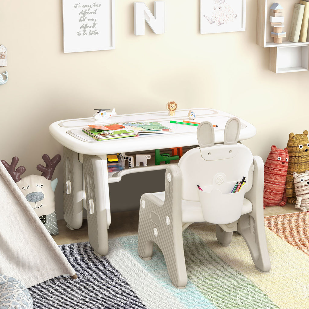 Kids Table and Chair Set with Flip-Top Bookshelf - Gray, Adjustable & Safe