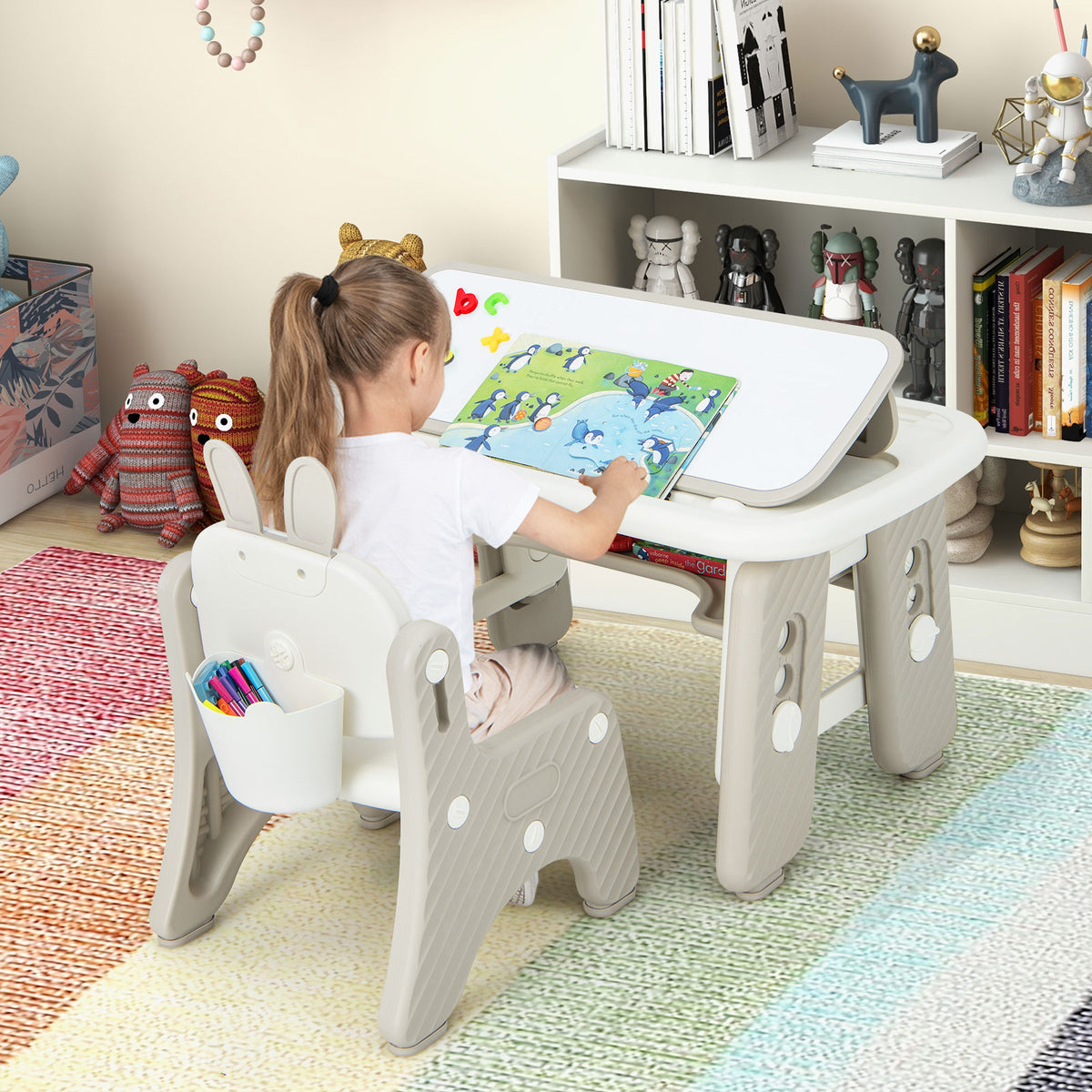 Kids Table and Chair Set with Flip-Top Bookshelf - Gray, Adjustable & Safe