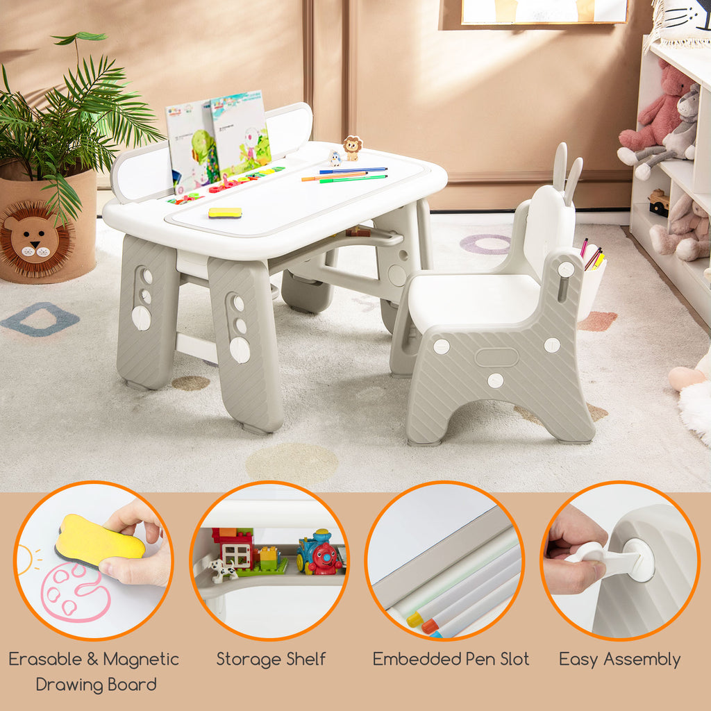 Kids Table and Chair Set with Flip-Top Bookshelf - Gray, Adjustable & Safe