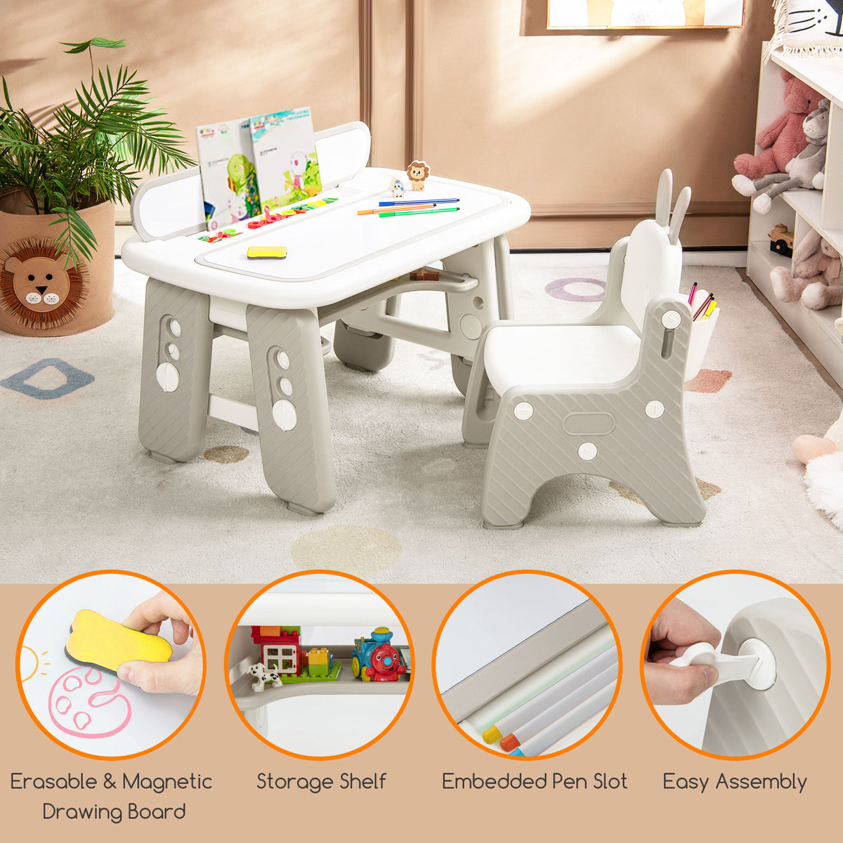 Kids Table and Chair Set with Flip-Top Bookshelf - Gray, Adjustable & Safe