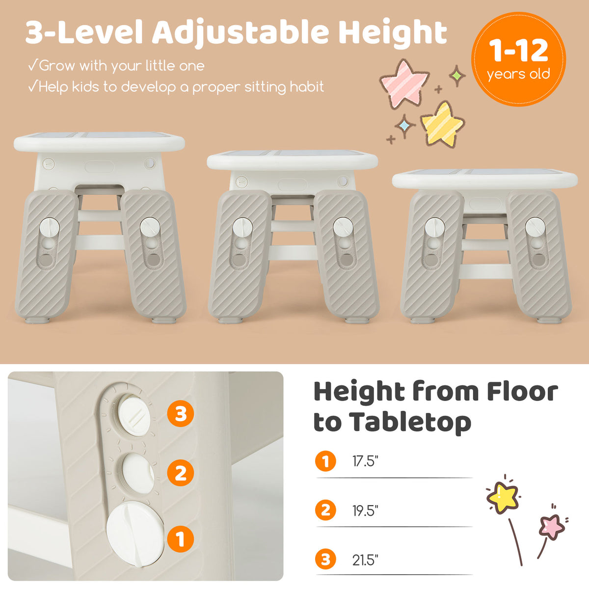 Kids Table and Chair Set with Flip-Top Bookshelf - Gray, Adjustable & Safe