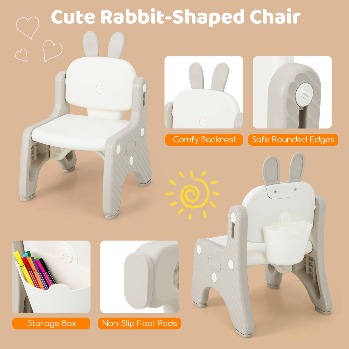 Kids Table and Chair Set with Flip-Top Bookshelf - Gray, Adjustable & Safe