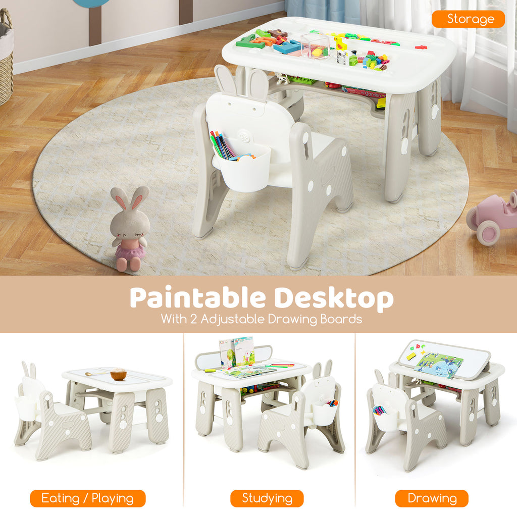 Kids Table and Chair Set with Flip-Top Bookshelf - Gray, Adjustable & Safe