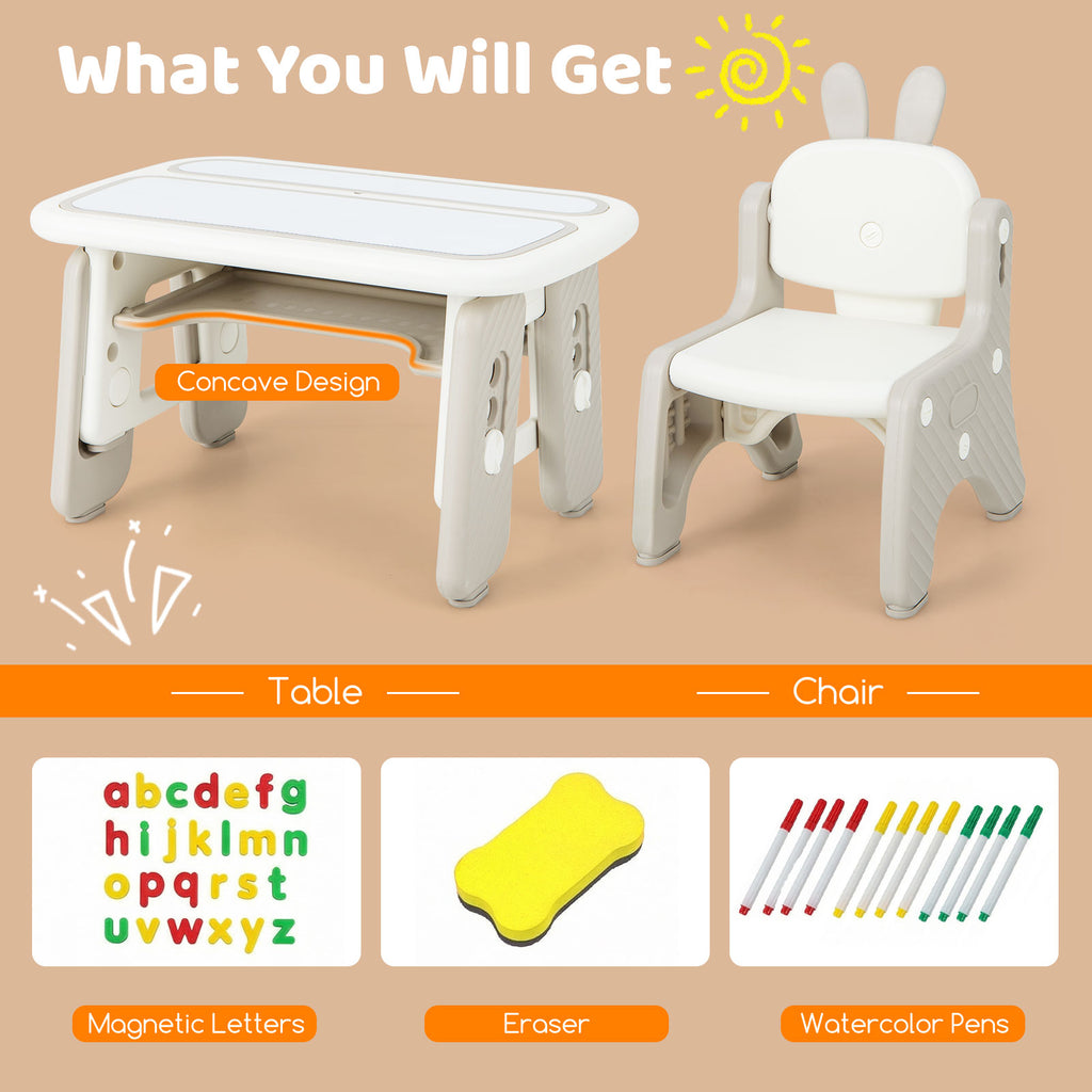 Kids Table and Chair Set with Flip-Top Bookshelf - Gray, Adjustable & Safe
