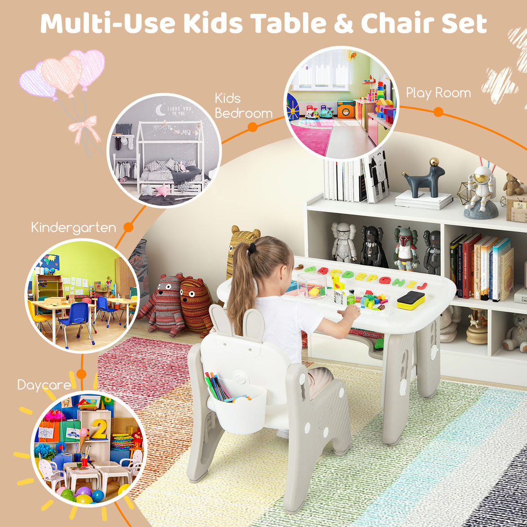 Kids Table and Chair Set with Flip-Top Bookshelf - Gray, Adjustable & Safe