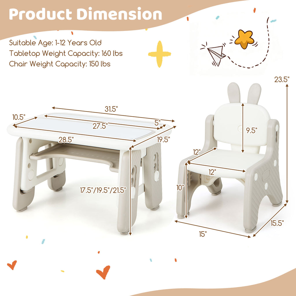 Kids Table and Chair Set with Flip-Top Bookshelf - Gray, Adjustable & Safe