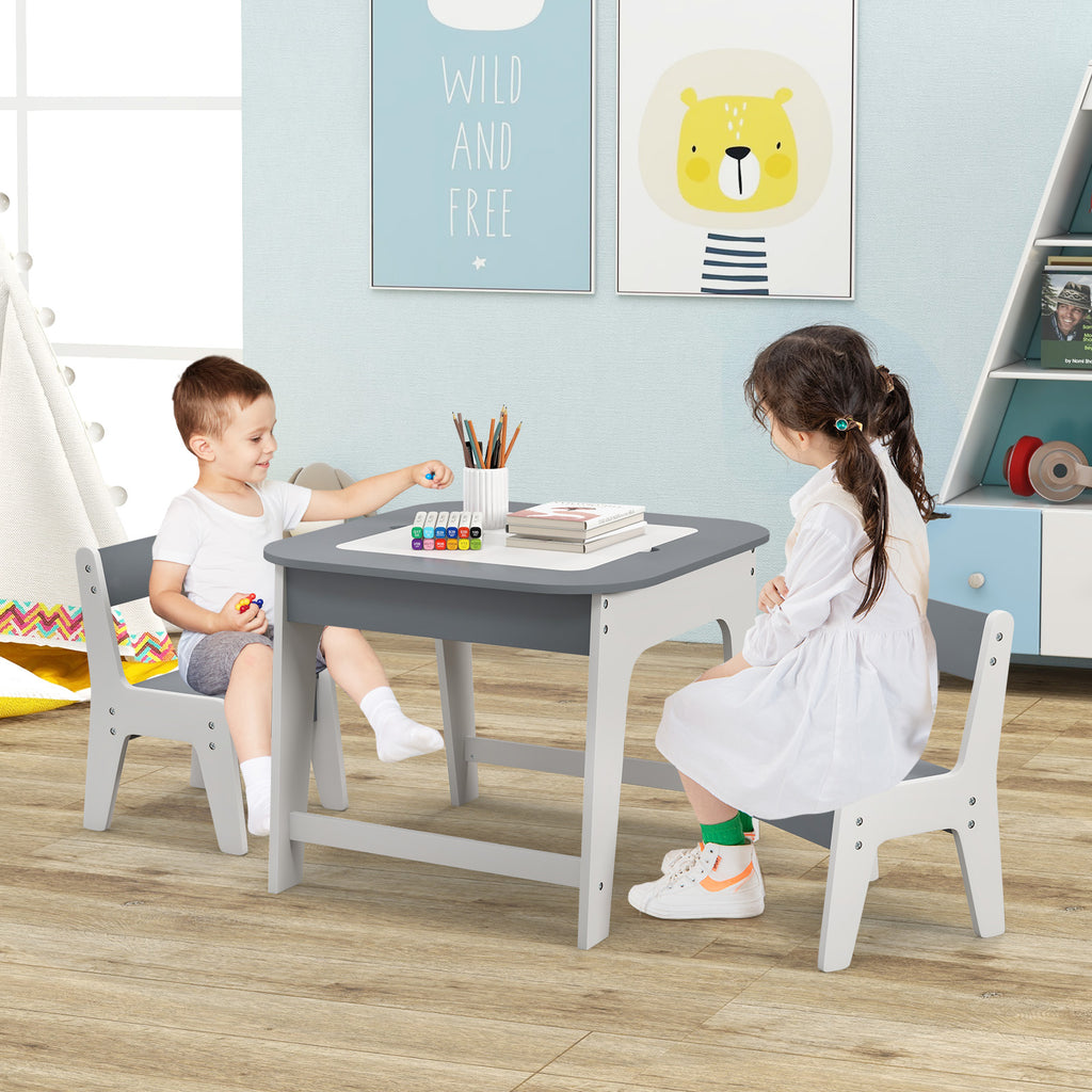 Kids' Table and Chairs Set with Double-Sized Desktop - Gray Variation
