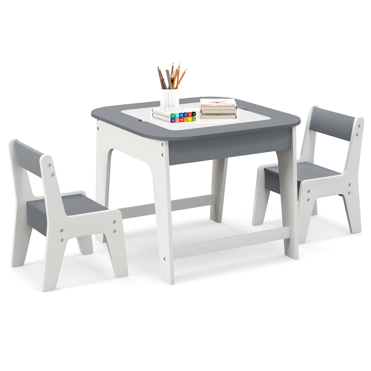 Kids' Table and Chairs Set with Double-Sized Desktop - Gray Variation
