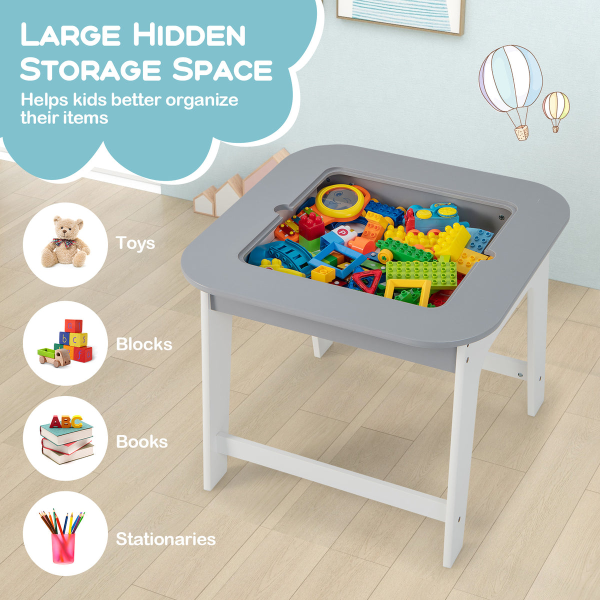 Kids' Table and Chairs Set with Double-Sized Desktop - Gray Variation