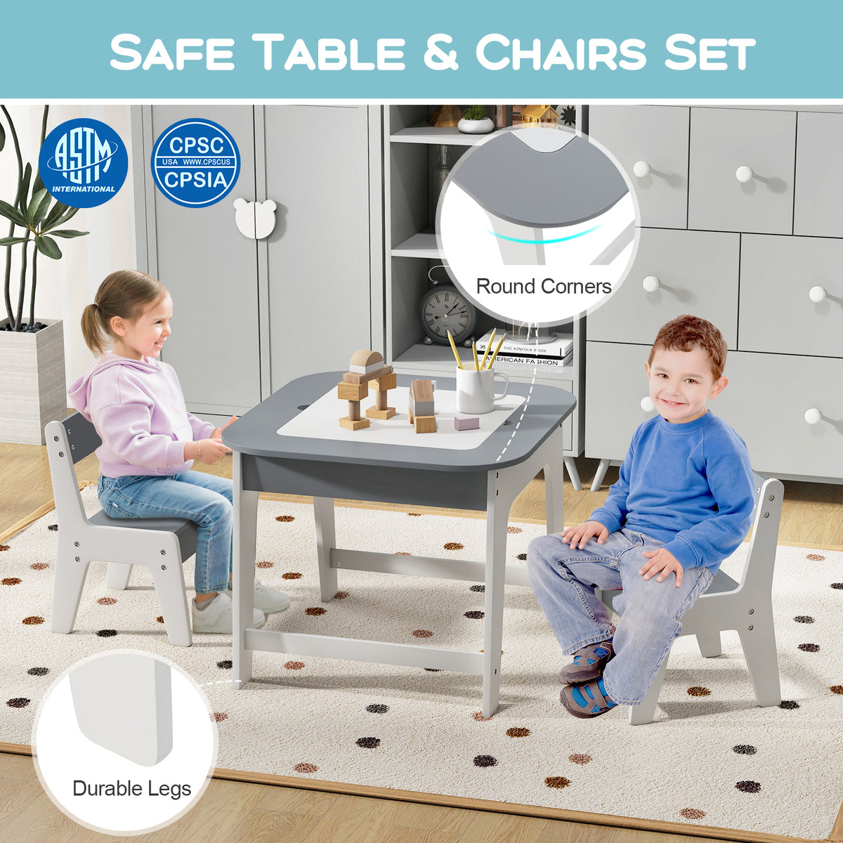 Kids' Table and Chairs Set with Double-Sized Desktop - Gray Variation
