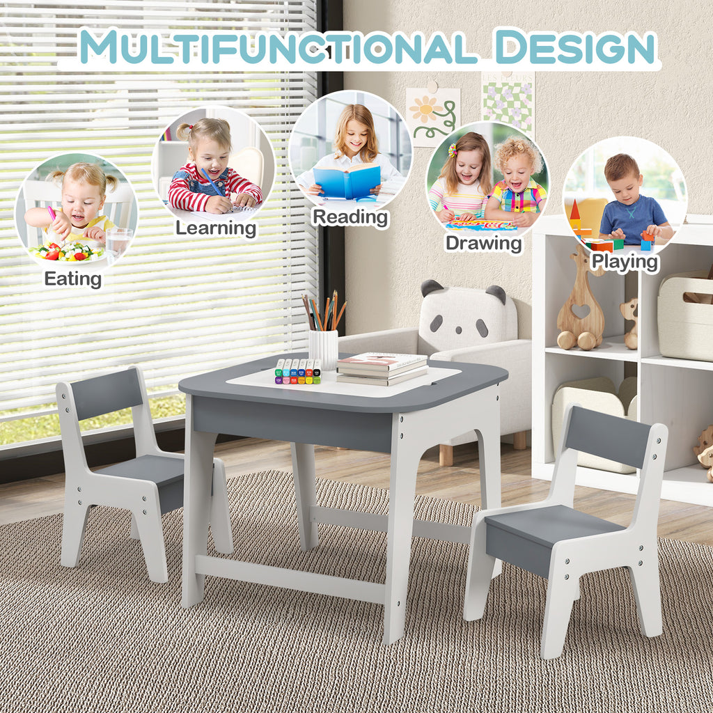 Kids' Table and Chairs Set with Double-Sized Desktop - Gray Variation