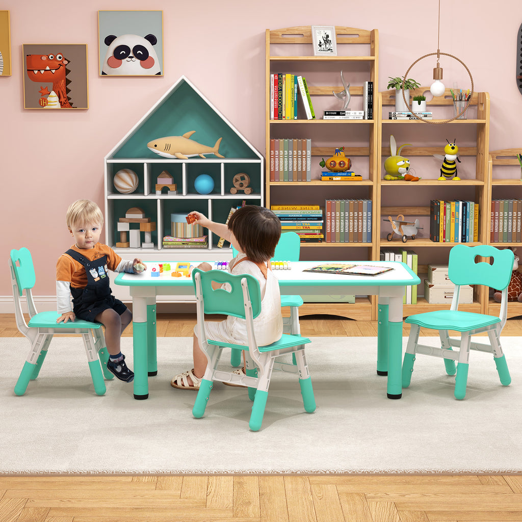 Kids Table and Chairs Set for 4 - 5 Pieces Green with Graffiti Desktop, Adjustable & Space-Saving