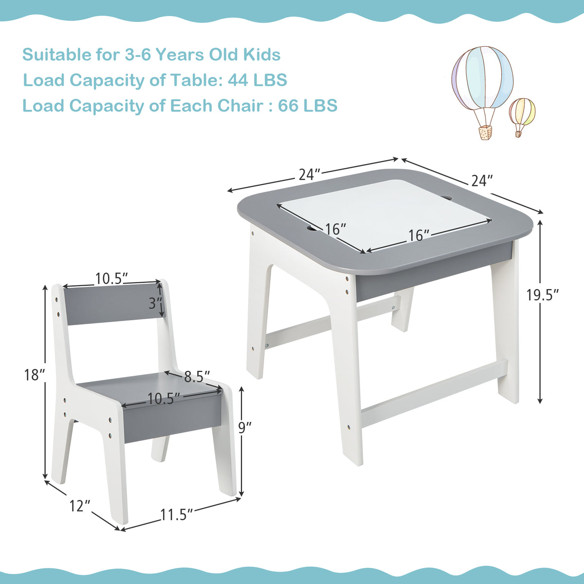 Kids' Table and Chairs Set with Double-Sized Desktop - Gray Variation