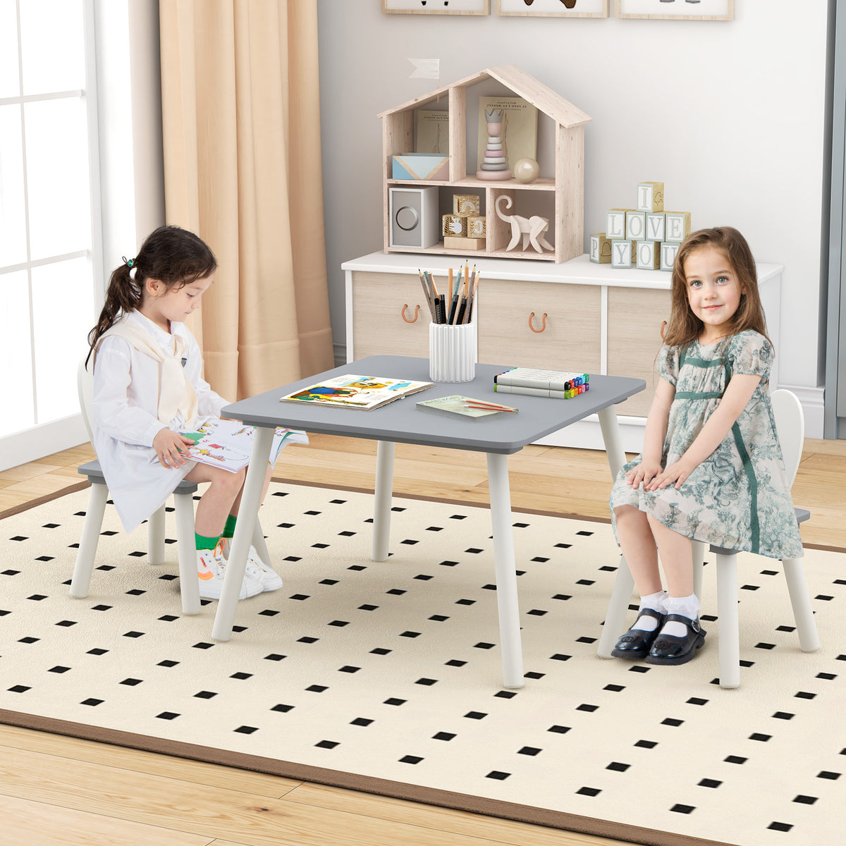 Kids Table and Chairs Set for Arts Crafts Snack Time - Gray, 3 Pieces