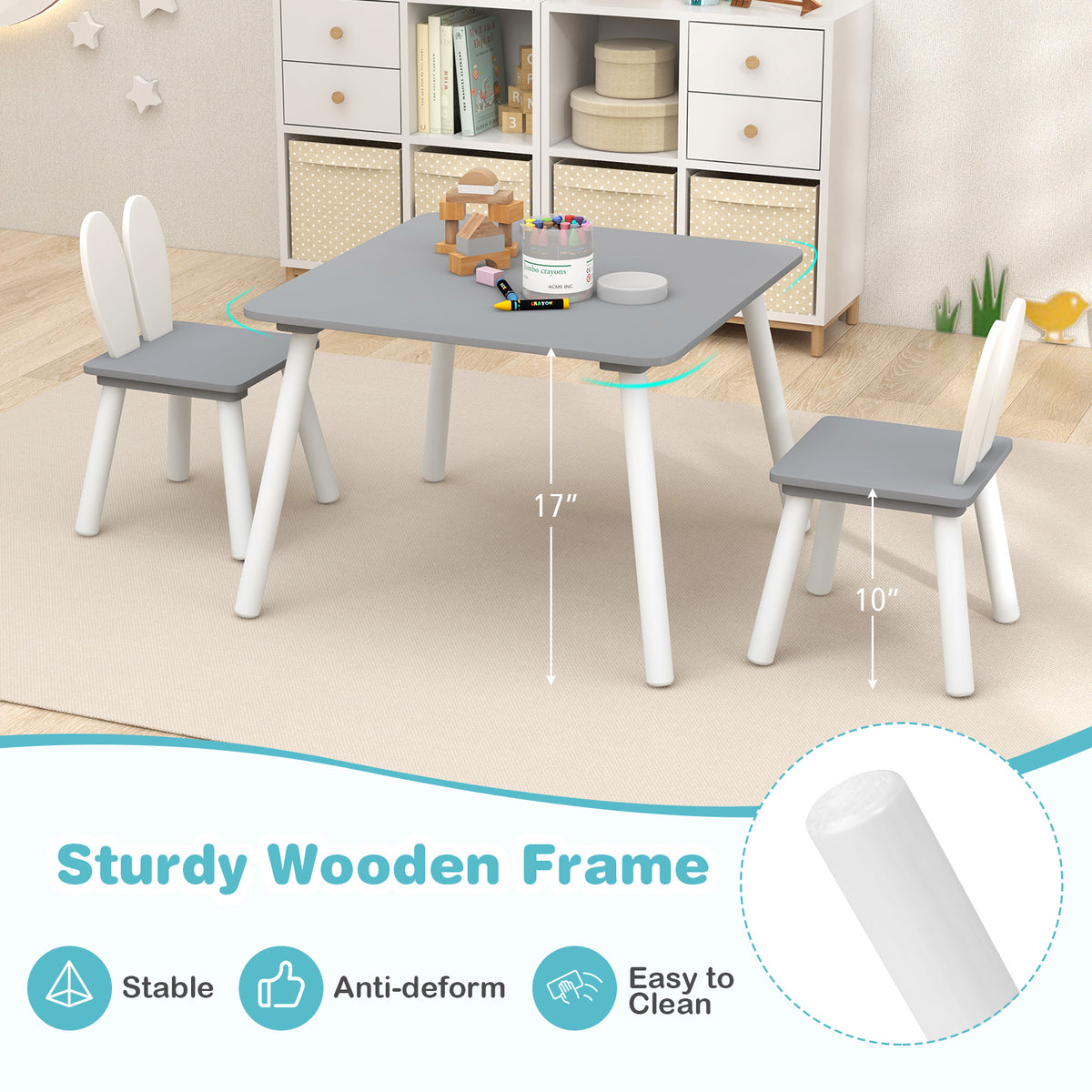 Kids Table and Chairs Set for Arts Crafts Snack Time - Gray, 3 Pieces